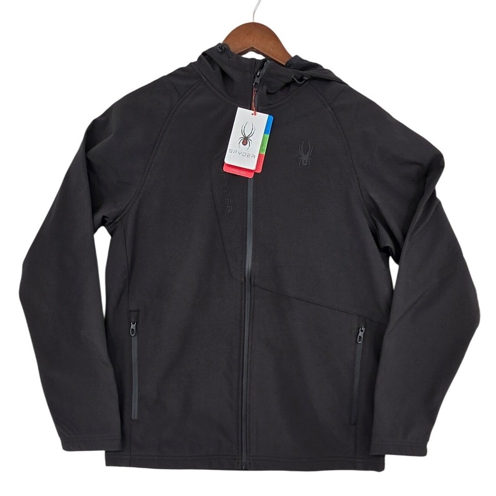 Spyder Mens SMALL Black Softshell Hoodie Jacket‎ Water Resistant OMSP134